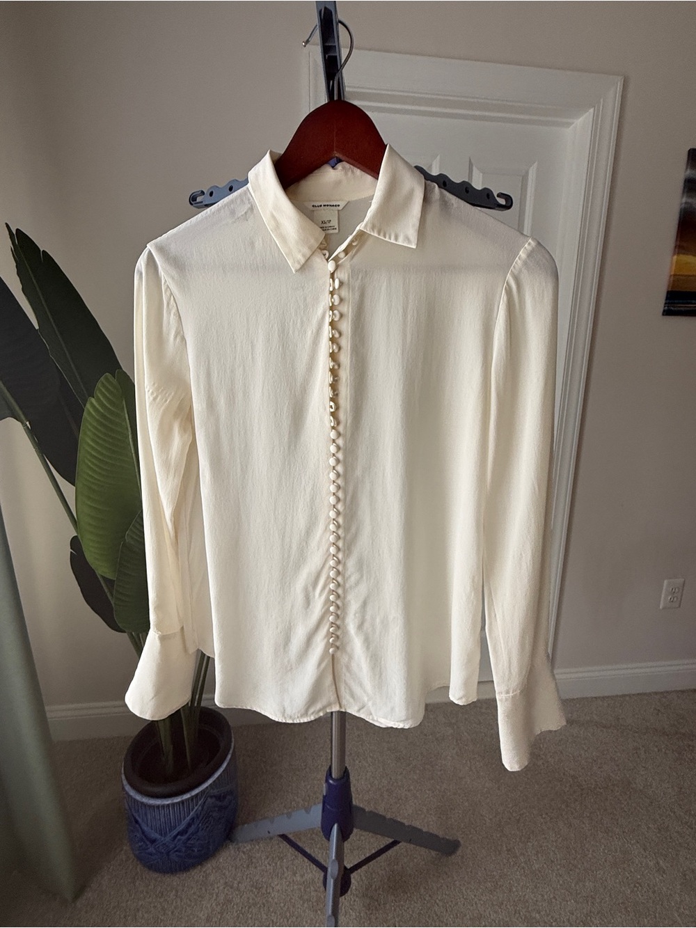 Club Monaco Ivory Button-Front Silk Blend Shirt